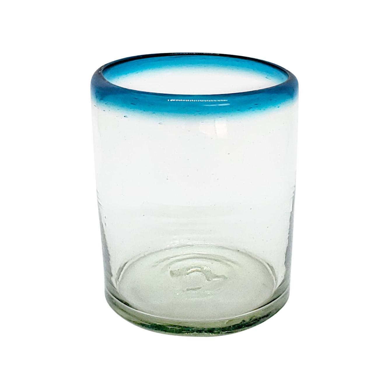 Vasos de Vidrio Soplado / Juego de 6 vasos chicos con borde azul aqua / stos vasos chicos son un gran complemento para su juego de jarra y vasos grandes.